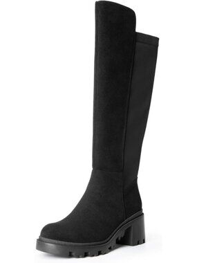 DREAM PAIRS Women's Black-Sue Knee High Platform Chunky Boots Round Toe Side Zip